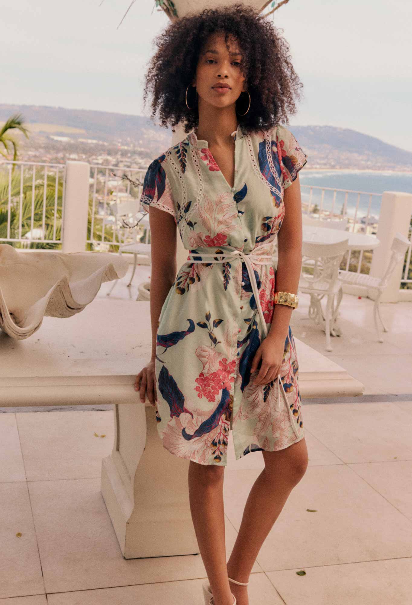 OnceWas - Nisreen Silk Cotton Embroidered Flutter Sleeve Dress | Oasis Flora