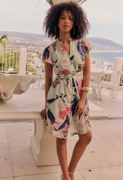 OnceWas - Nisreen Silk Cotton Embroidered Flutter Sleeve Dress | Oasis Flora