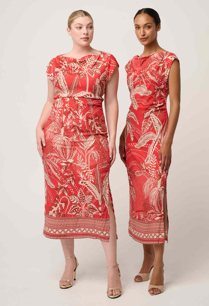 OnceWas - Monique Draped Neck Cupro Viscose Stretch Column Dress | Crimson Palms