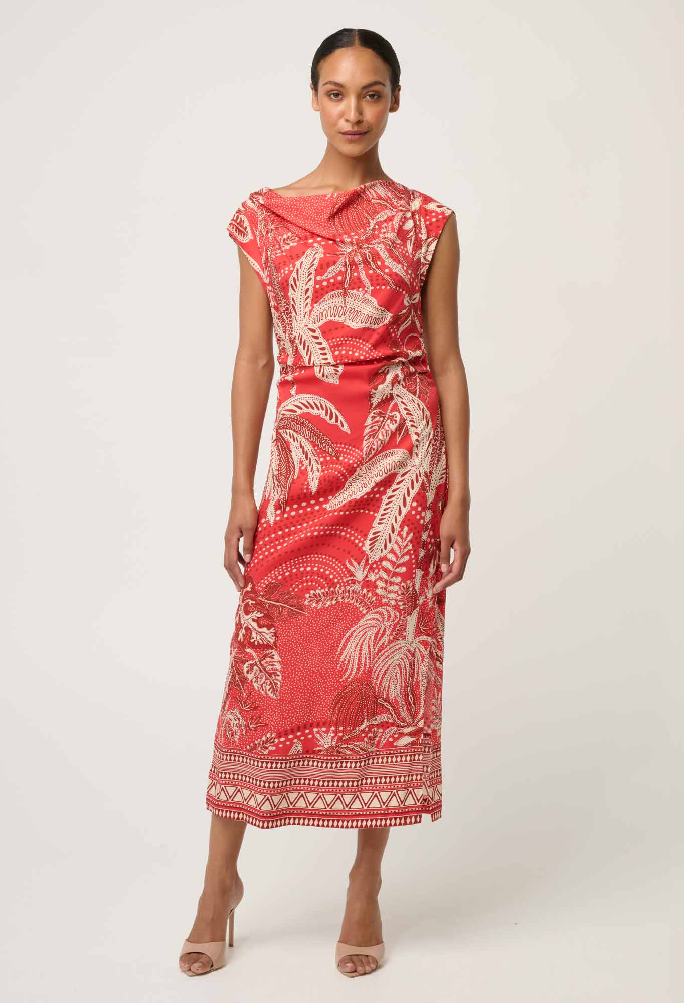 OnceWas - Monique Draped Neck Cupro Viscose Stretch Column Dress | Crimson Palms