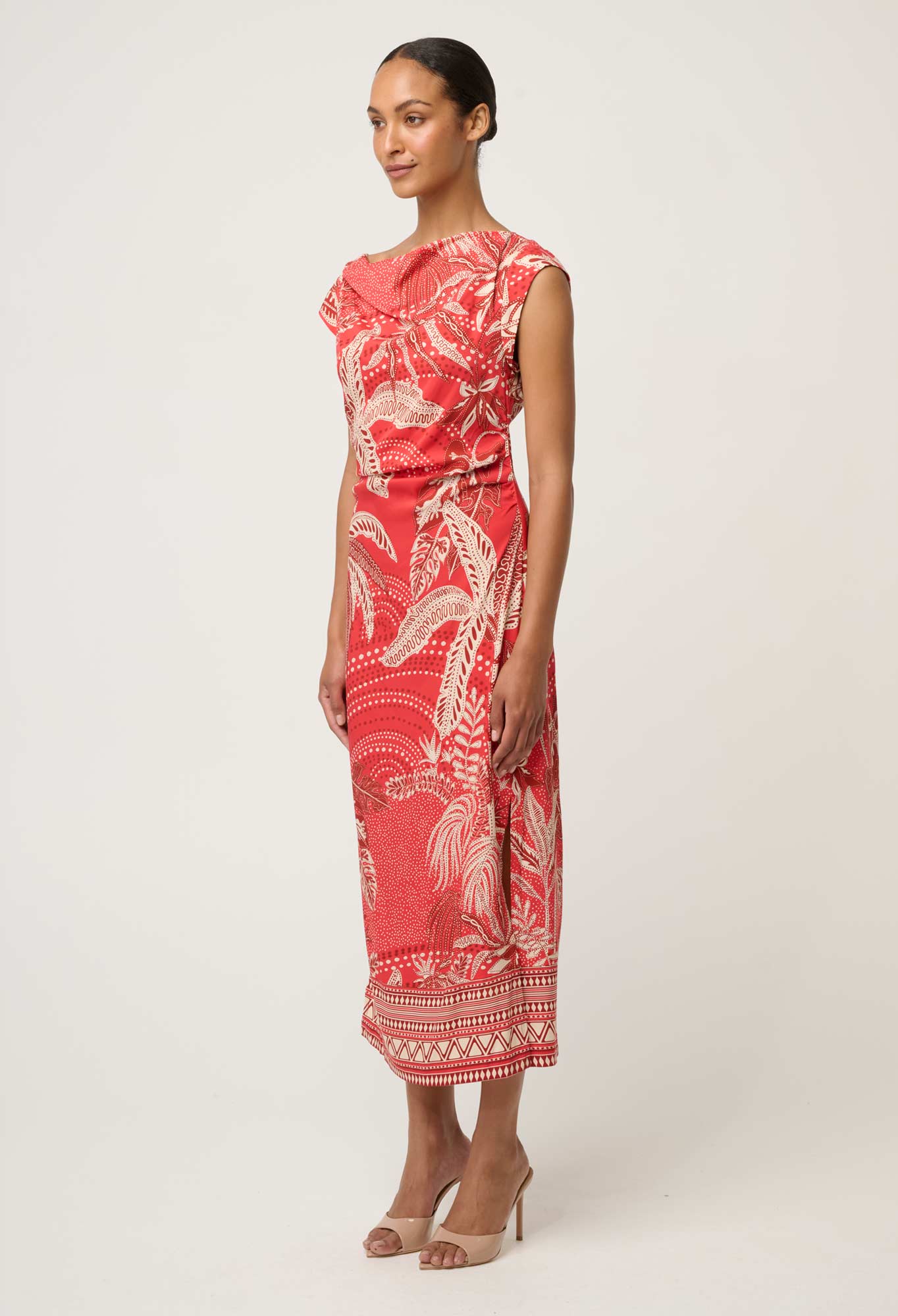 OnceWas - Monique Draped Neck Cupro Viscose Stretch Column Dress | Crimson Palms