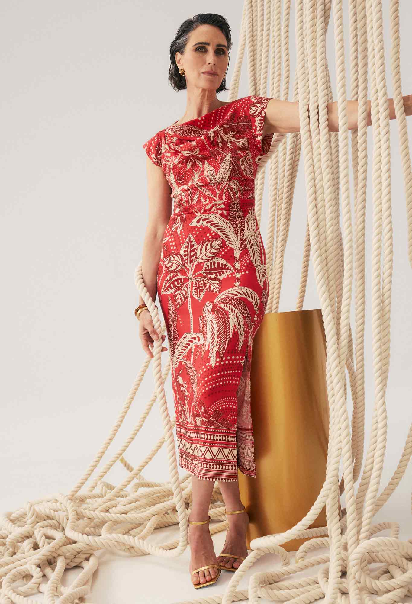 OnceWas - Monique Draped Neck Cupro Viscose Stretch Column Dress | Crimson Palms