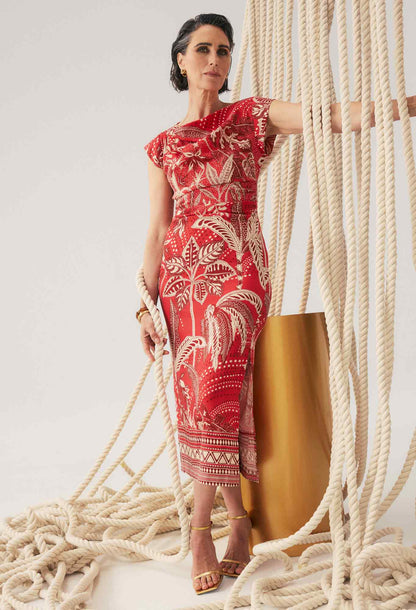 OnceWas - Monique Draped Neck Cupro Viscose Stretch Column Dress | Crimson Palms