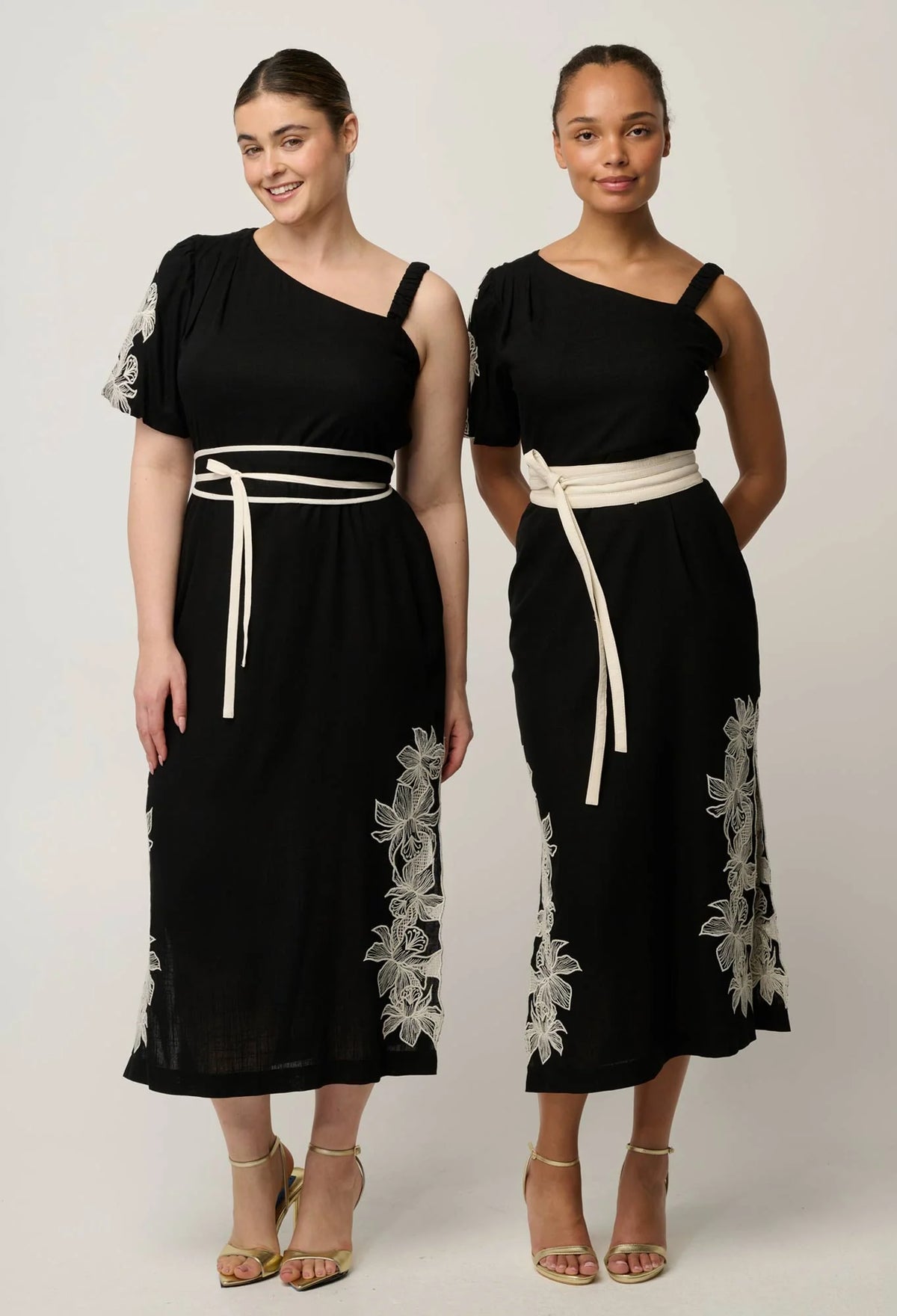 OnceWas - Elodie One Shoulder Linen Viscose Embroidery Dress | Black