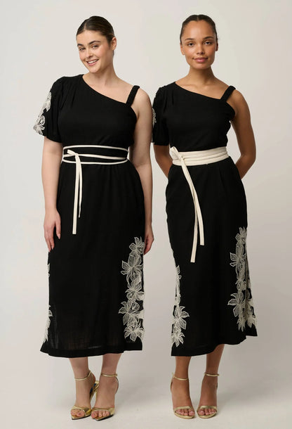 OnceWas - Elodie One Shoulder Linen Viscose Embroidery Dress | Black