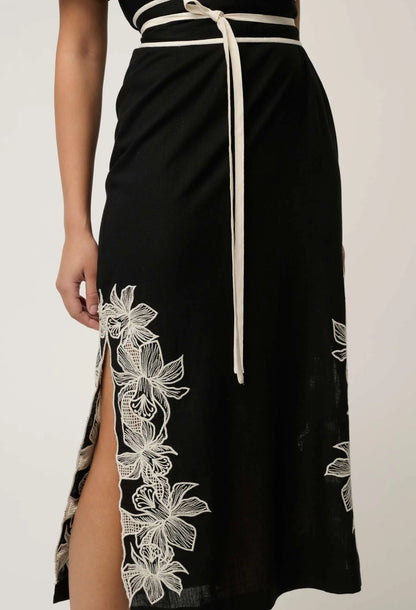 OnceWas - Elodie One Shoulder Linen Viscose Embroidery Dress | Black