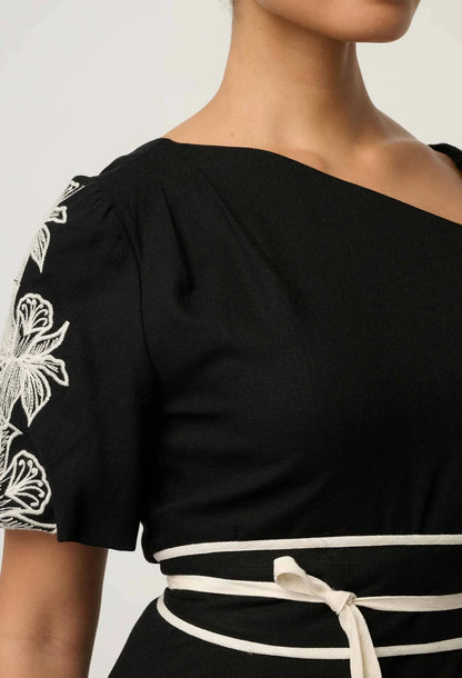 OnceWas - Elodie One Shoulder Linen Viscose Embroidery Dress | Black