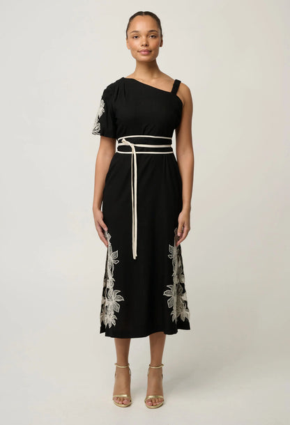 OnceWas - Elodie One Shoulder Linen Viscose Embroidery Dress | Black