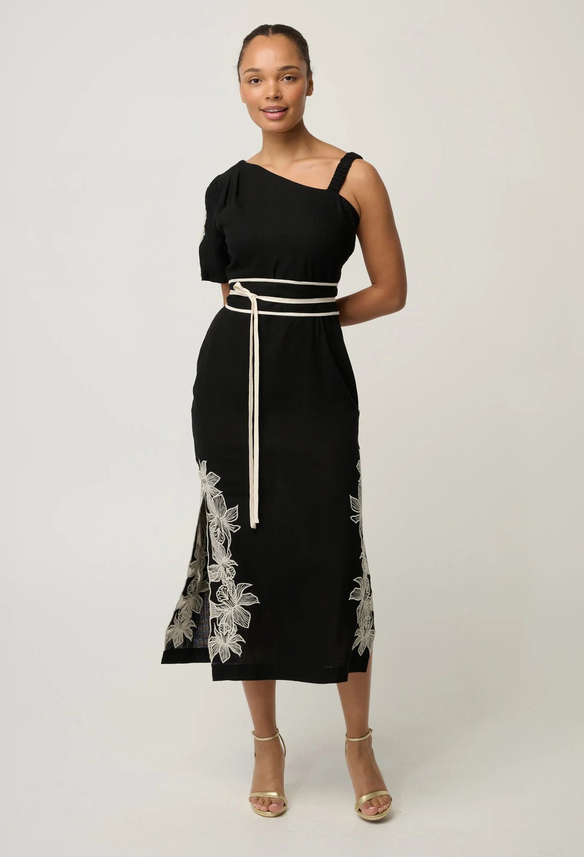 OnceWas - Elodie One Shoulder Linen Viscose Embroidery Dress | Black
