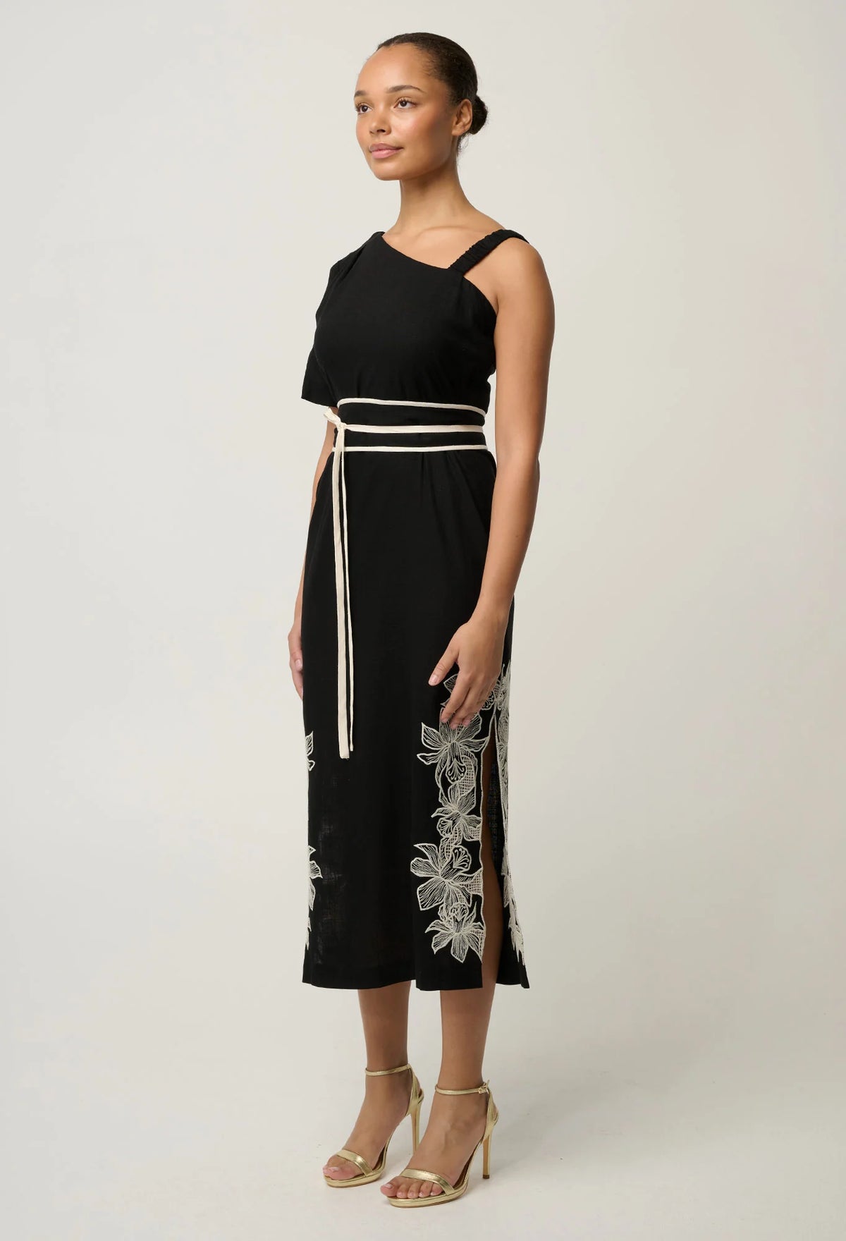 OnceWas - Elodie One Shoulder Linen Viscose Embroidery Dress | Black