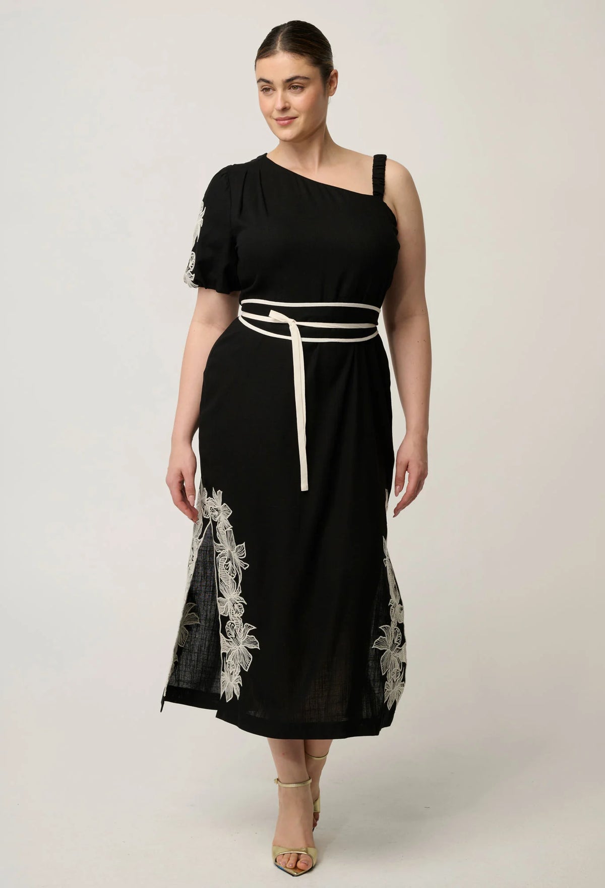 OnceWas - Elodie One Shoulder Linen Viscose Embroidery Dress | Black