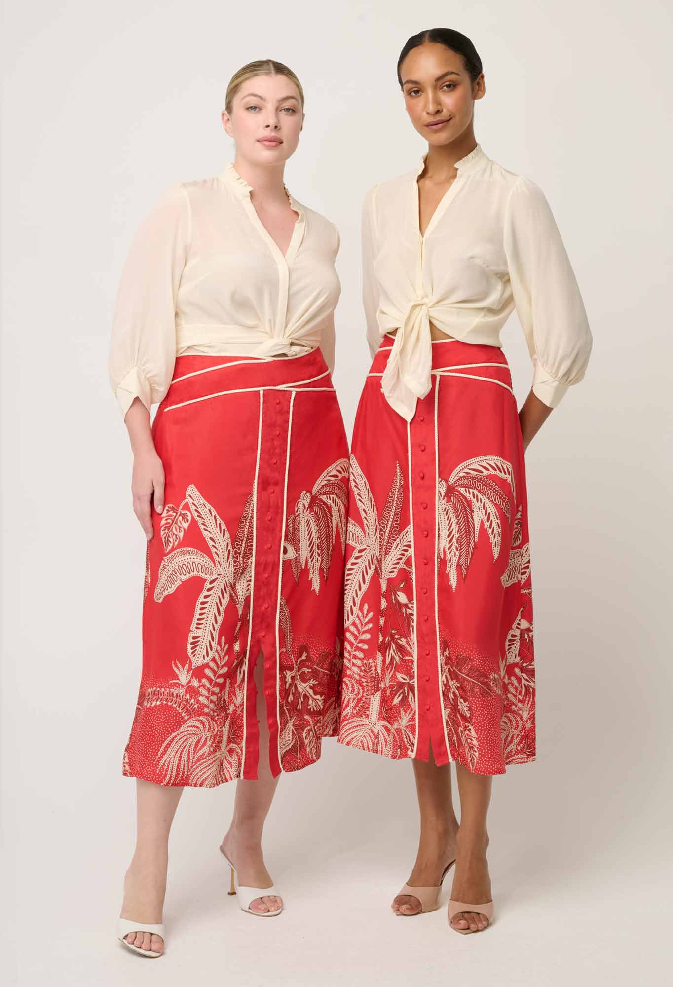 OnceWas - Harper Viscose Faille Print Criss Cross Waist Panel Skirt | Crimson Palms