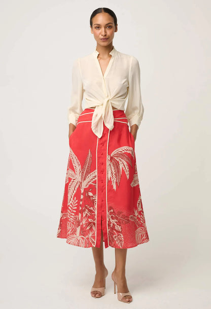 OnceWas - Harper Viscose Faille Print Criss Cross Waist Panel Skirt | Crimson Palms