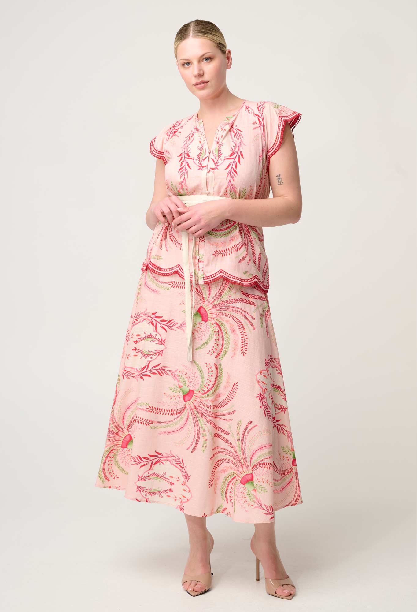 OnceWas - Estrella Linen Viscose Yoke Skirt | Palmarosa