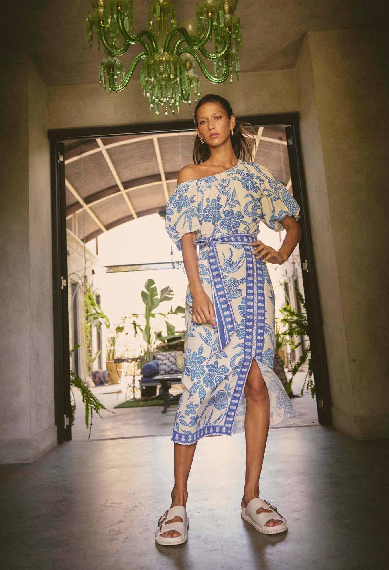 OnceWas - Zenobia Viscose Dobby Midi Skirt | Azure Mosaic OnceWas