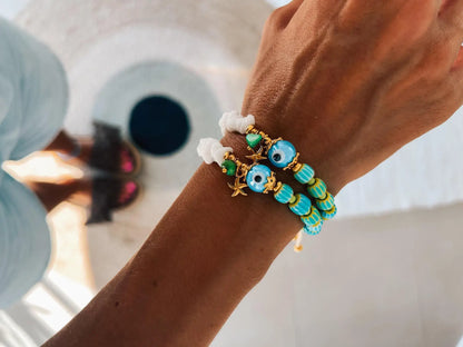 Beaded Turquoise Ceramic Eye Bracelet with Starfish Charm