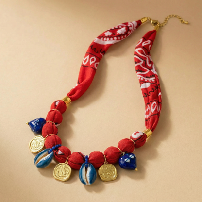 Red Bandana Necklace with Greek Coins & Blue Shell Charms