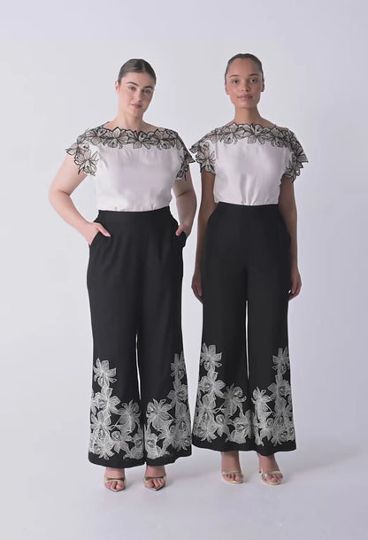 OnceWas - Eleanor Cupro Blend Embroidery Detail Wide Neck Top | Ivory
