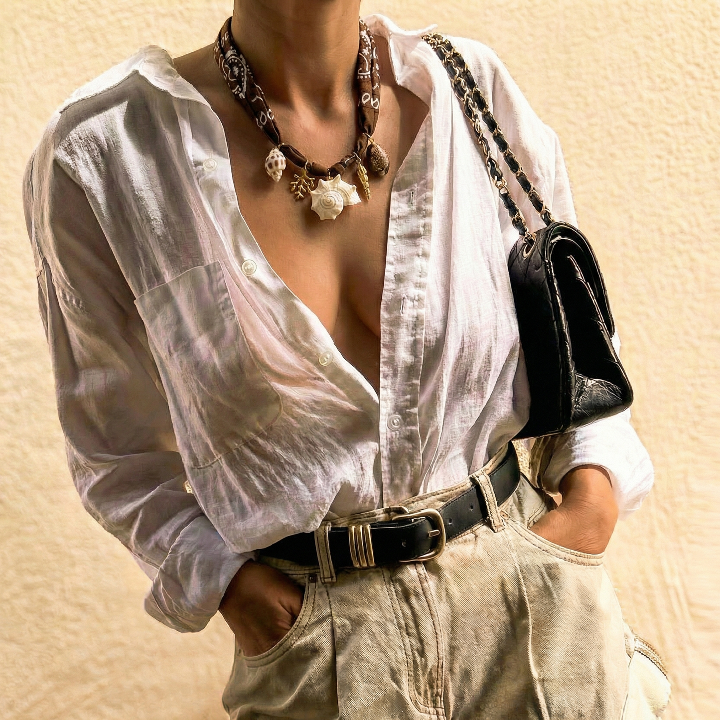 Brown Bandana Scarf Shell Necklace with Sea Charm Shells