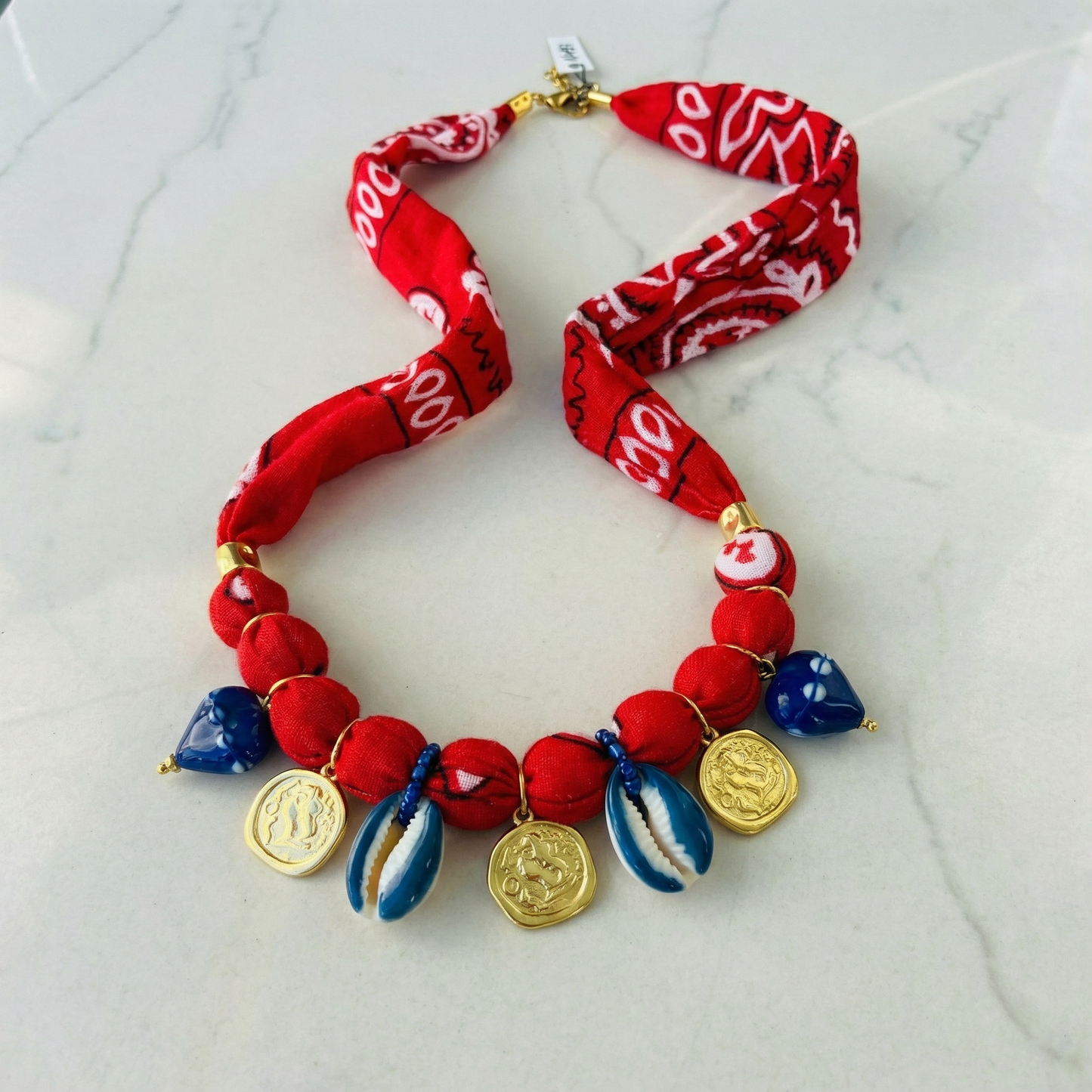 Red Bandana Necklace with Greek Coins & Blue Shell Charms