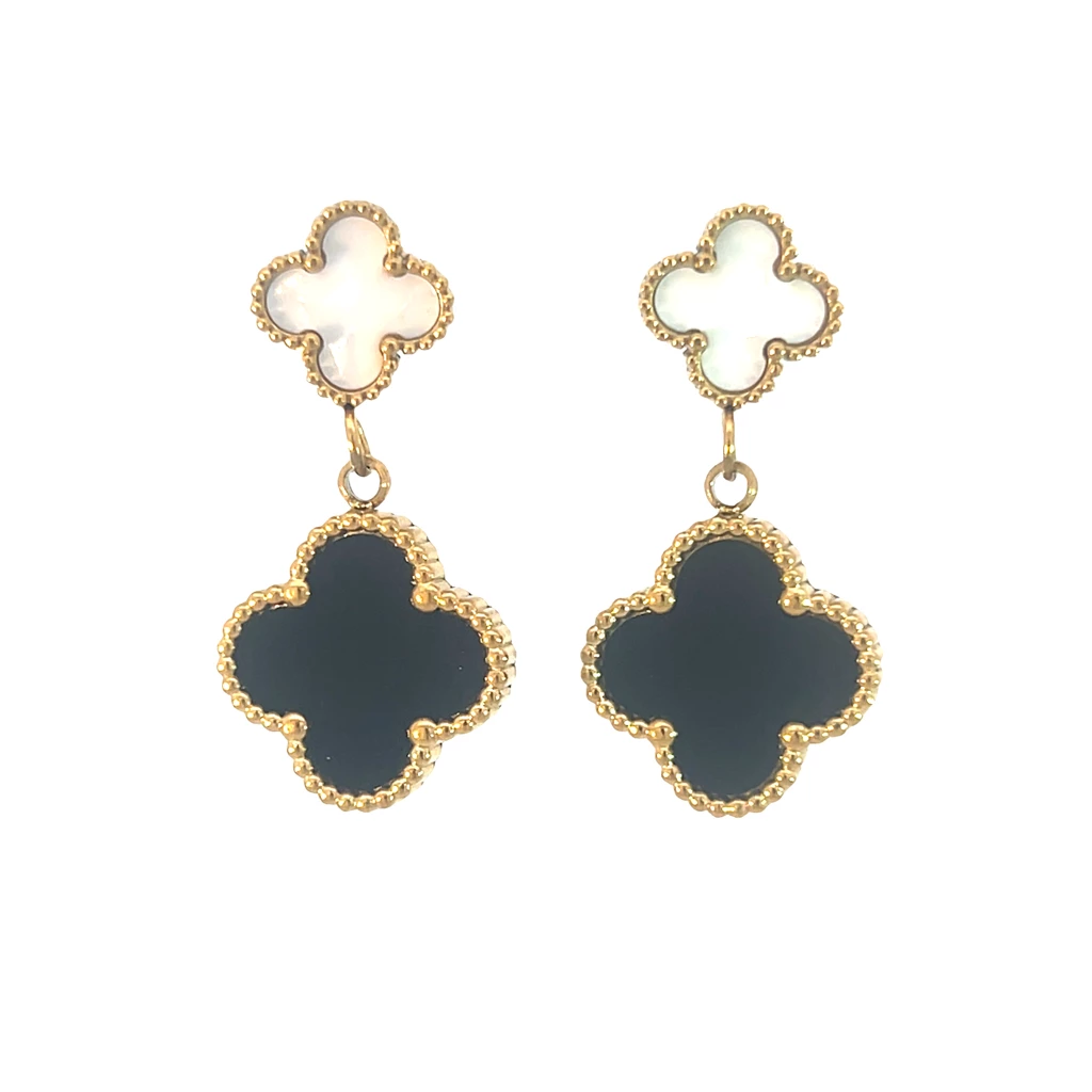 White and Black Double Drop Four Leaf Clover Stud Drops