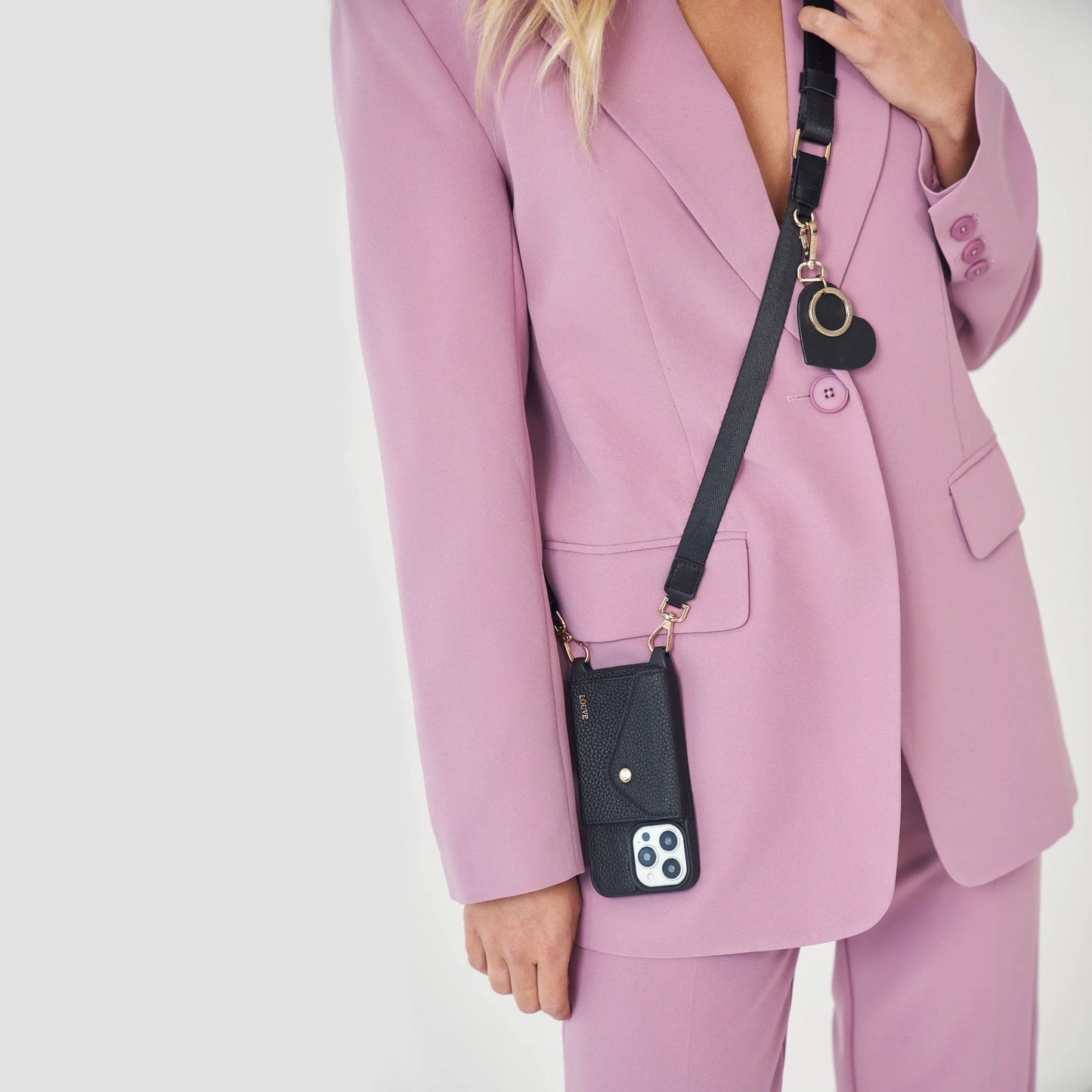 Louve Collection - Vera Black Leather & Nylon Crossbody Phone Lanyard | Gold Hardware