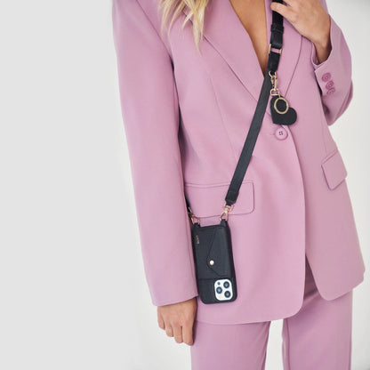 Louve Collection - Vera Black Leather & Nylon Crossbody Phone Lanyard | Gold Hardware
