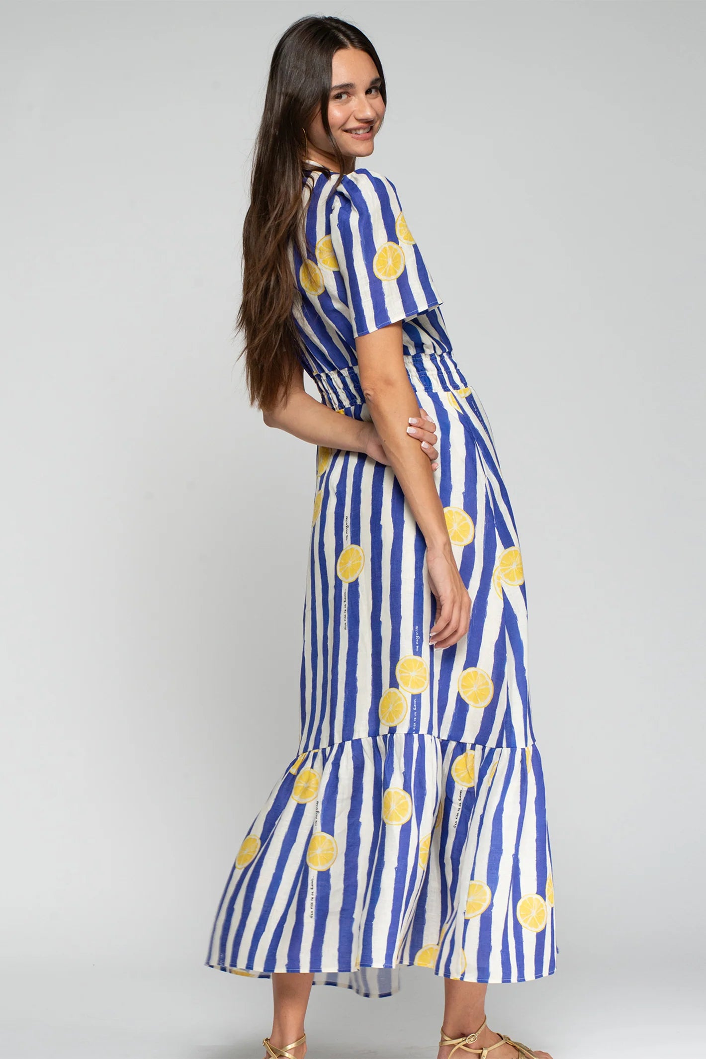 Vilagallo - Blue Stripe Limonada Print Dress