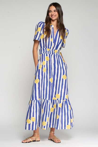 Vilagallo - Blue Stripe Limonada Print Dress